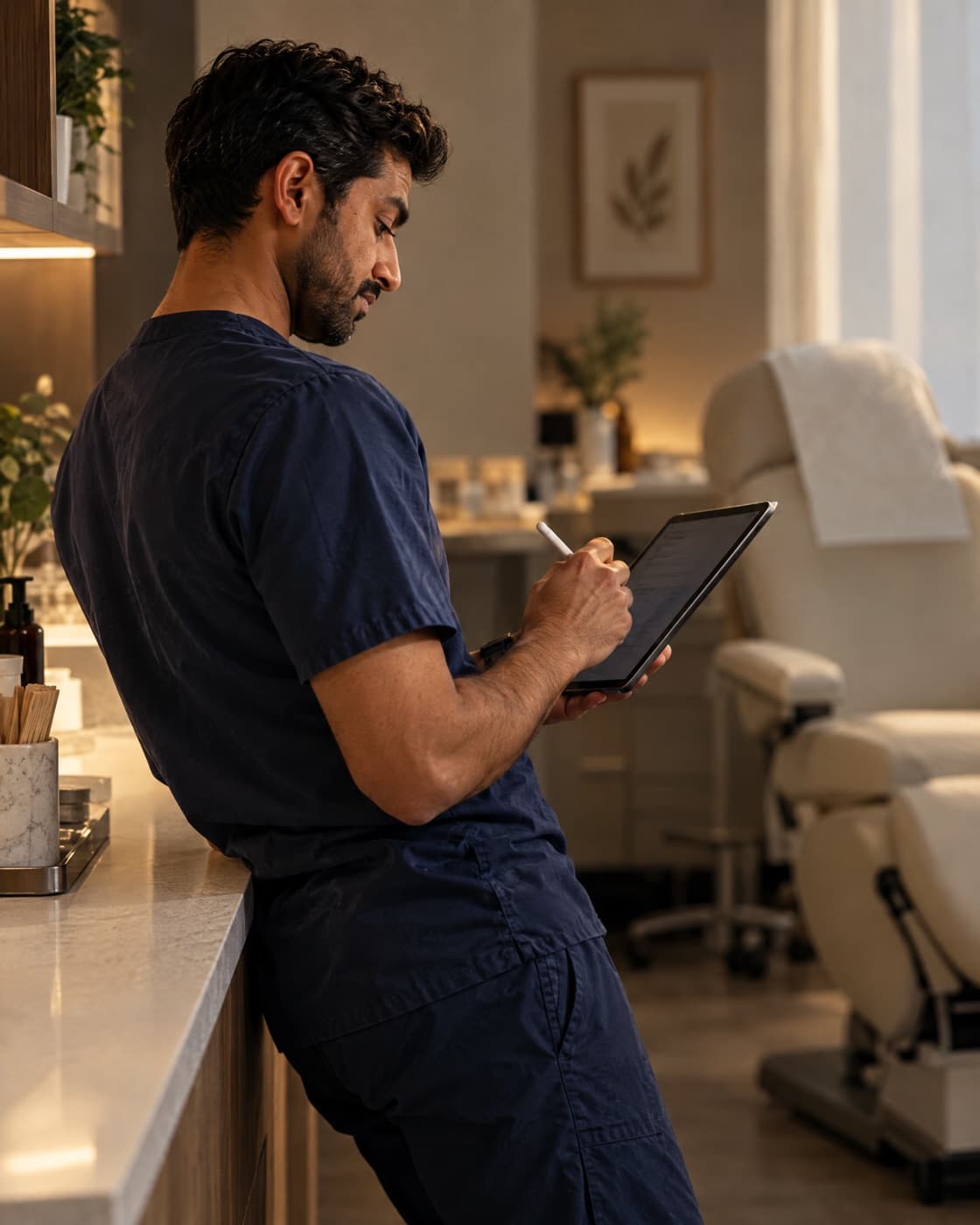 A nurse practitioner editing a drafted clinical note on a tablet between patients