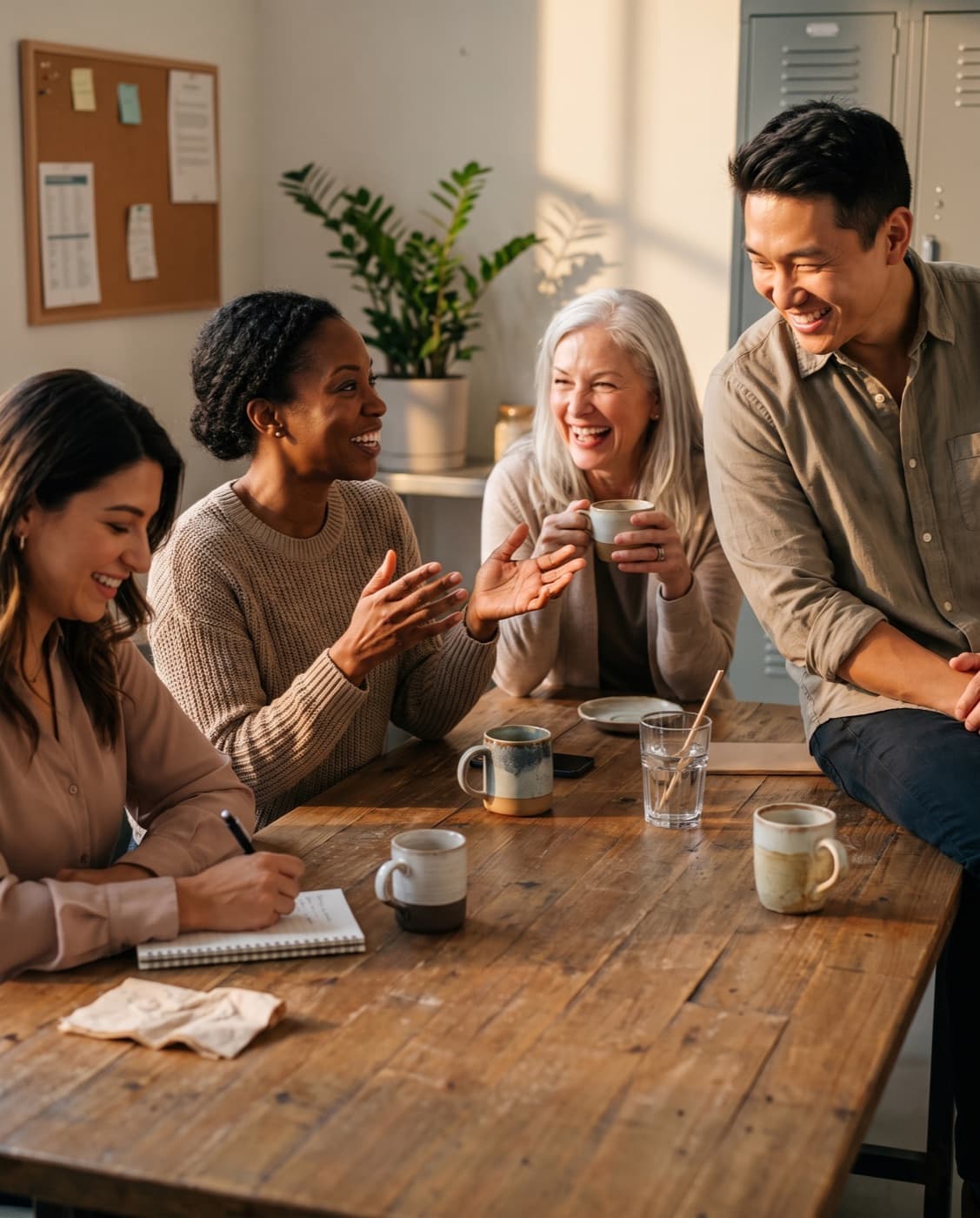 Four aesthetics practice owners laughing together around a table