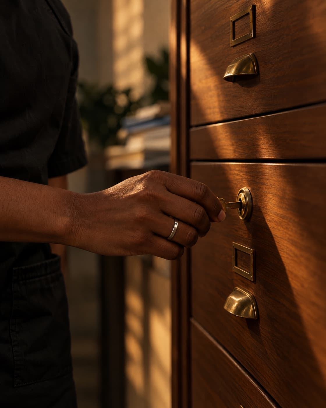 A hand turning a brass key in a locked records cabinet