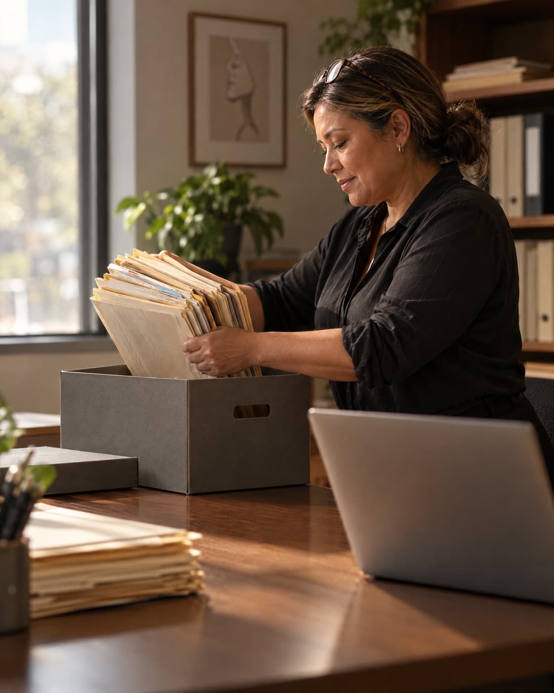 A practice manager packing old paper charts into an archive box beside her laptop