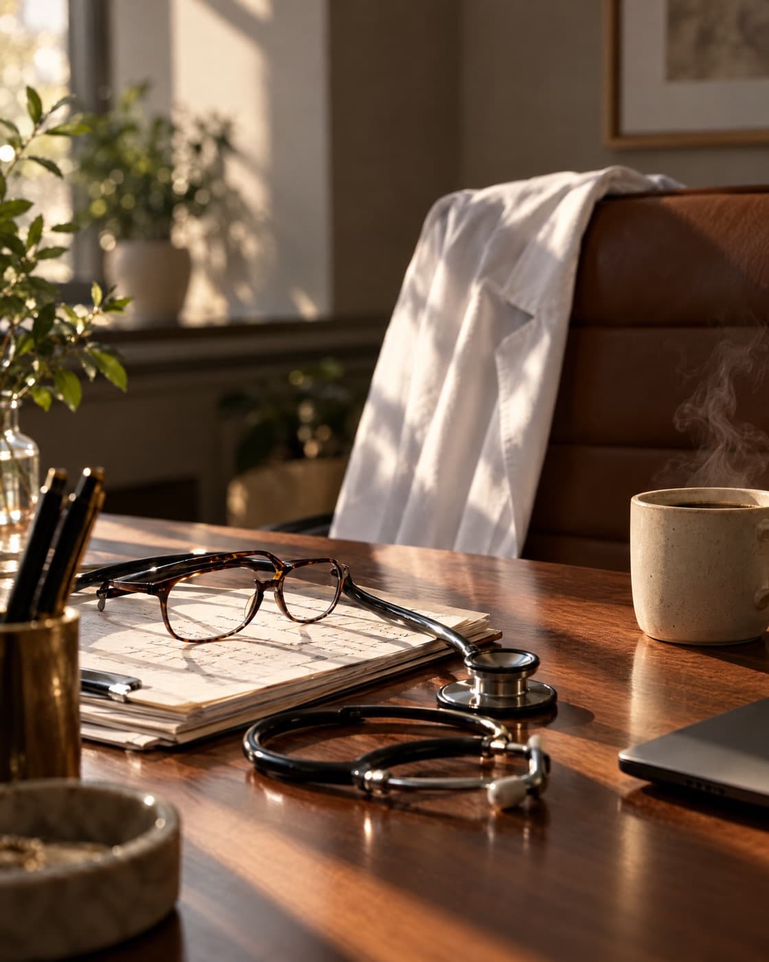 A physician's desk before opening, her white coat on the chair beside a stethoscope and handwritten notes