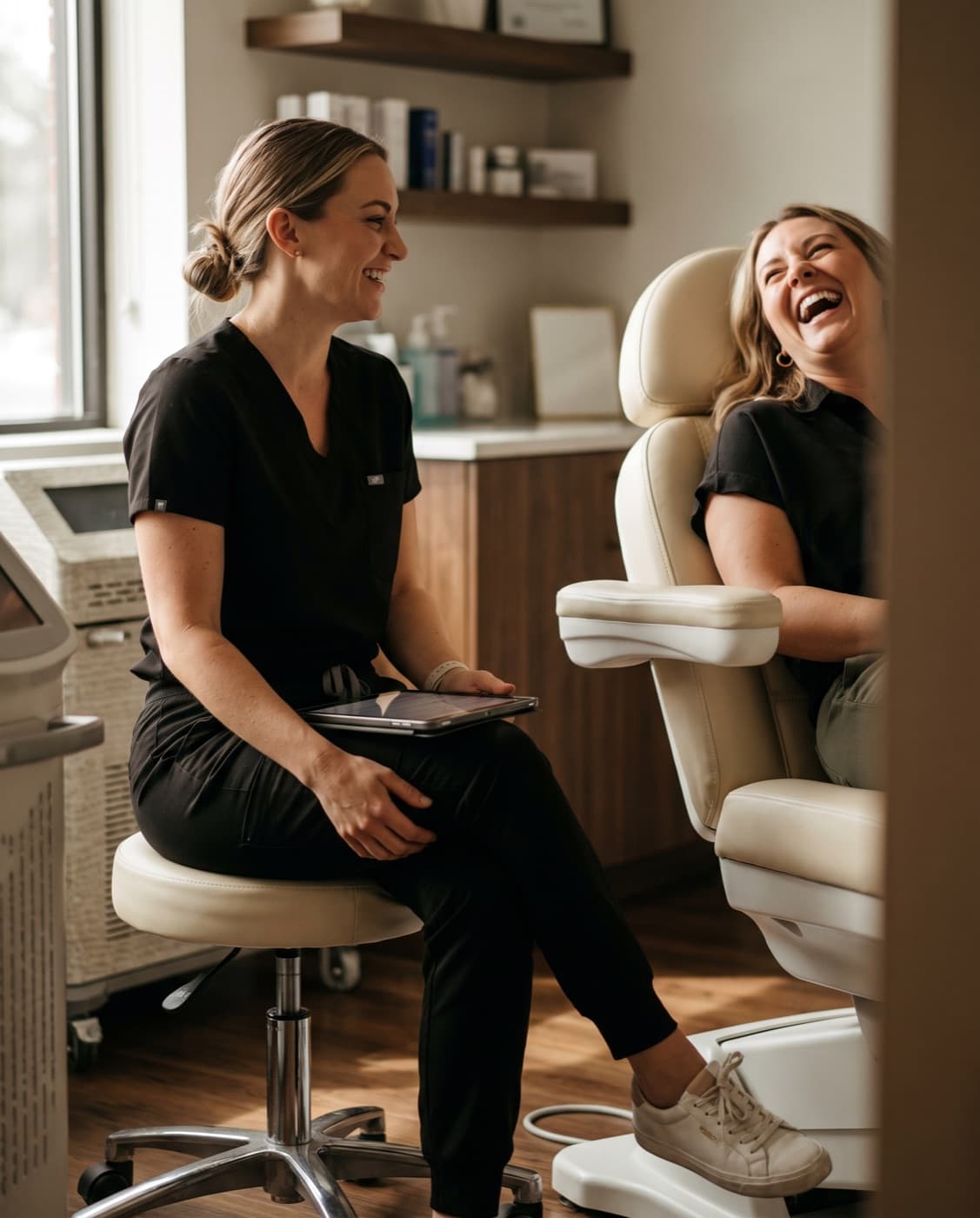 An injector and her patient sharing a laugh in the treatment room