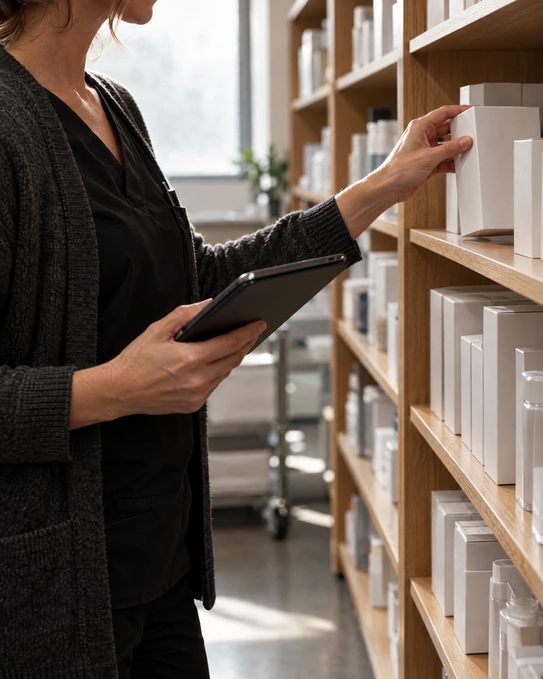 A practice manager checking stock on the supply room shelves with a tablet