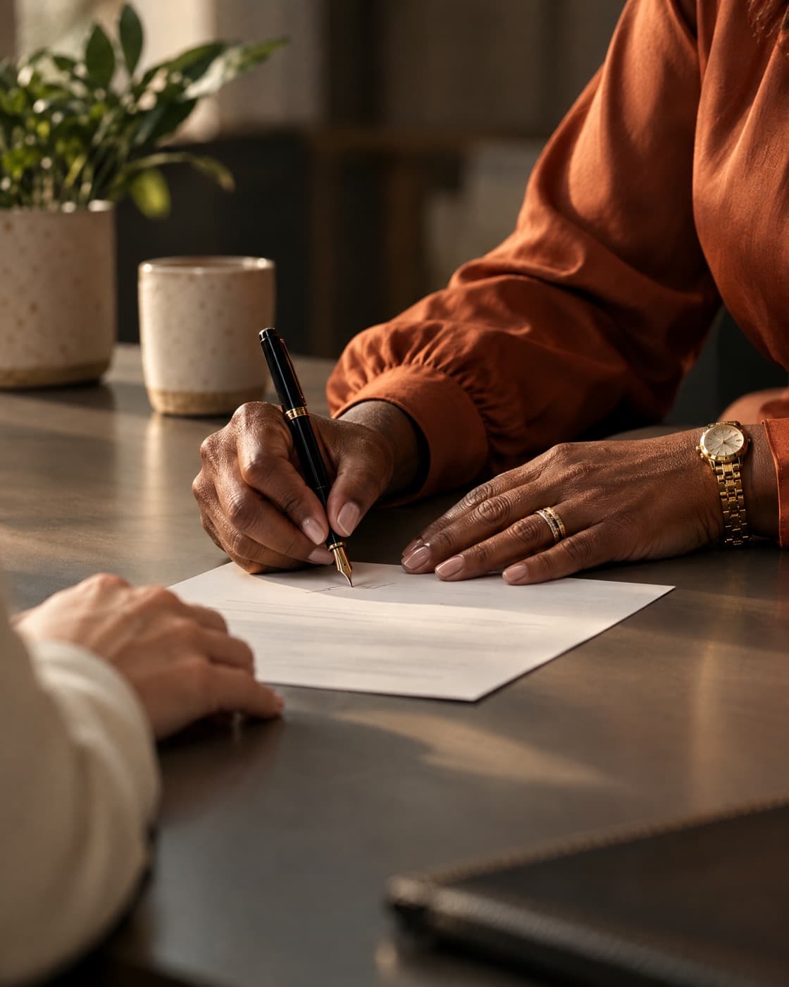 A practice owner signing a one-page agreement at a consultation table