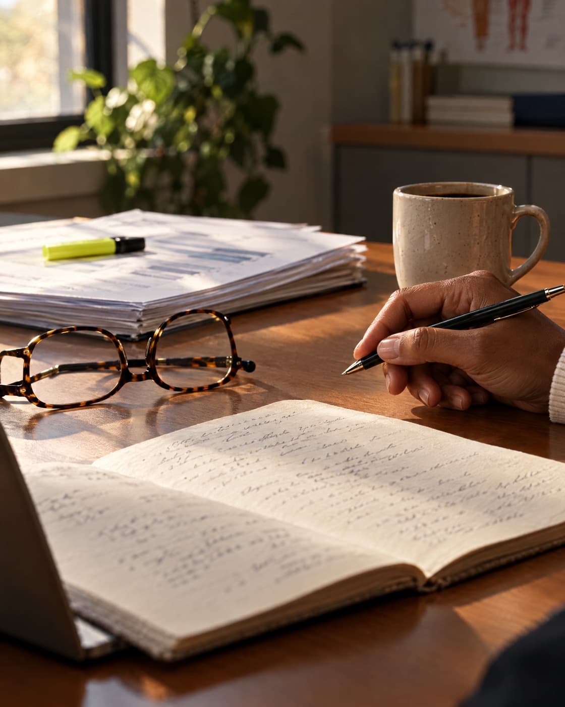 A notebook, printed reports, and reading glasses on a desk mid-evaluation