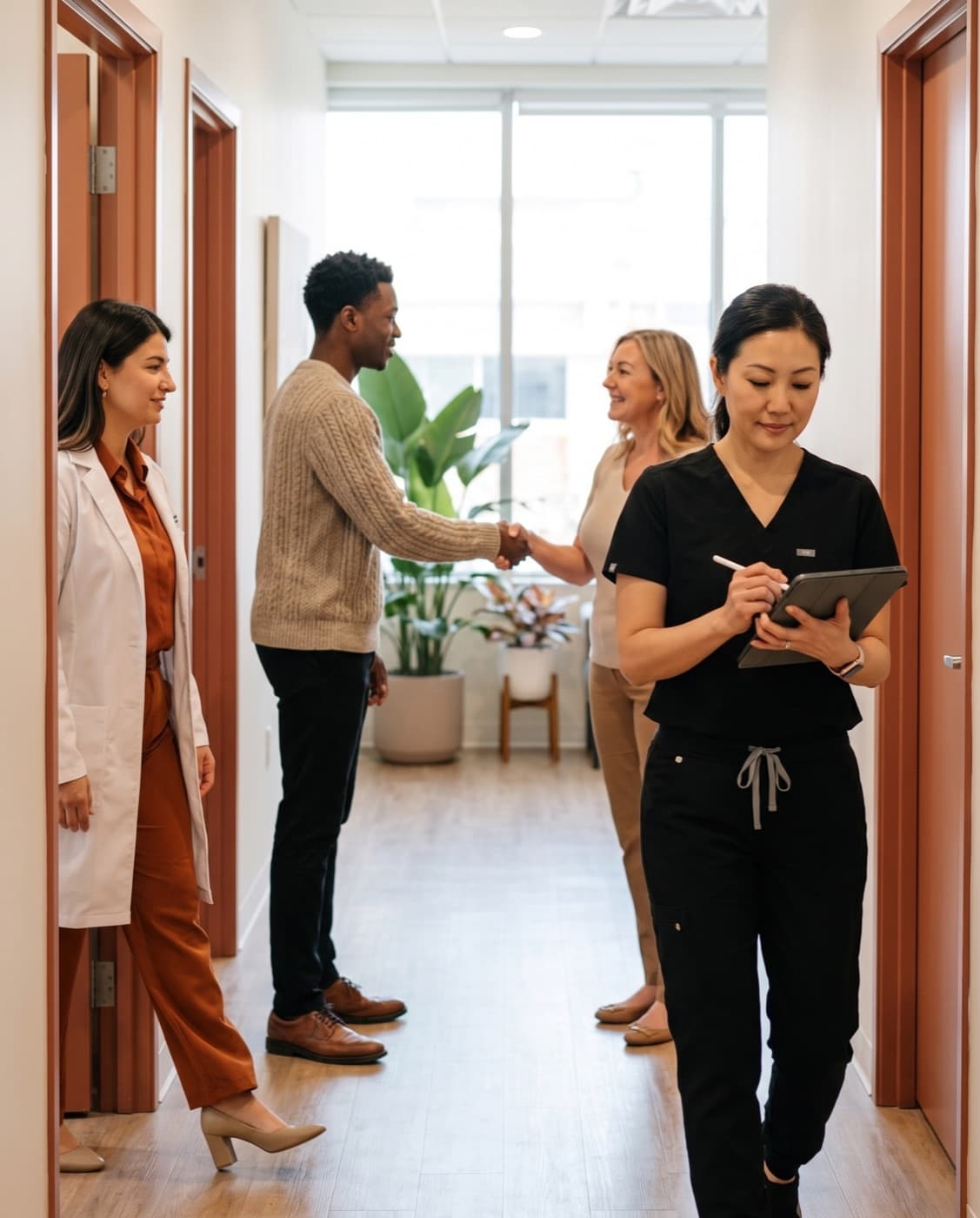 Staff and patients moving through the hallway of a busy multi-room clinic